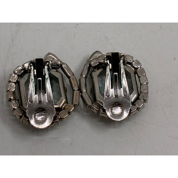 Vintage Blue Gray Large Glass Stone and Rhinestone Brooch & Clip-On Earrings Set - Picture 5 of 5